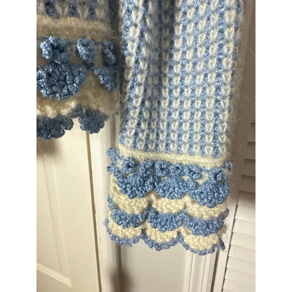One Girl Who blue tweed cardigan mohair blend scallop metallic knit grandmacore